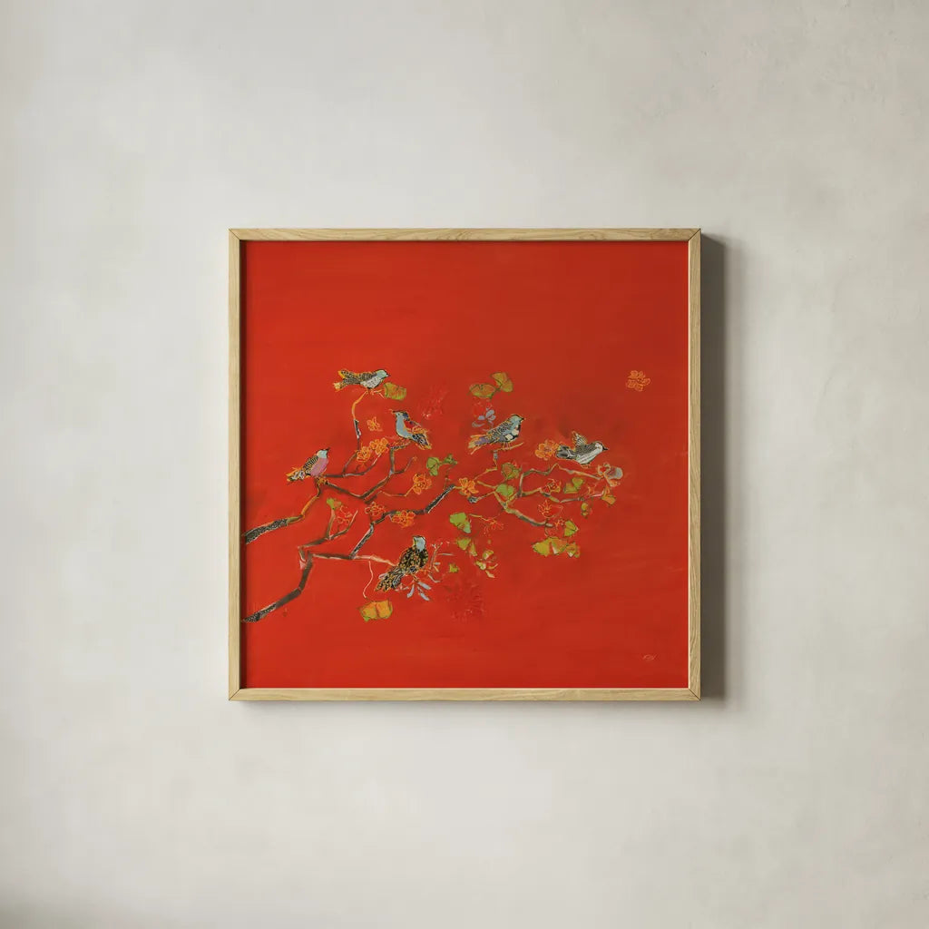 Bird Party by Kellie Day. Shown in a natural wood glass frame for a timeless modern aesthetic. Available as an archival giclee rolled canvas, fine art paper, or poster print. SKU 56322a.