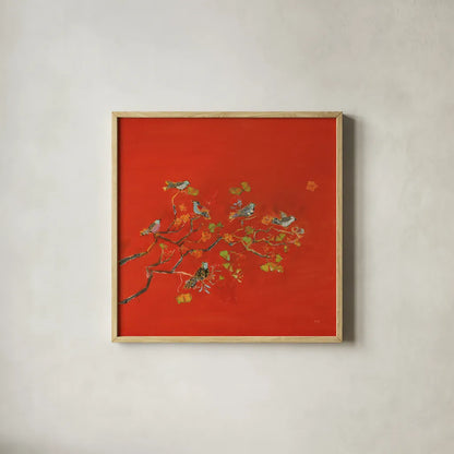 Bird Party by Kellie Day. Shown in a natural wood glass frame for a timeless modern aesthetic. Available as an archival giclee rolled canvas, fine art paper, or poster print. SKU 56322a.