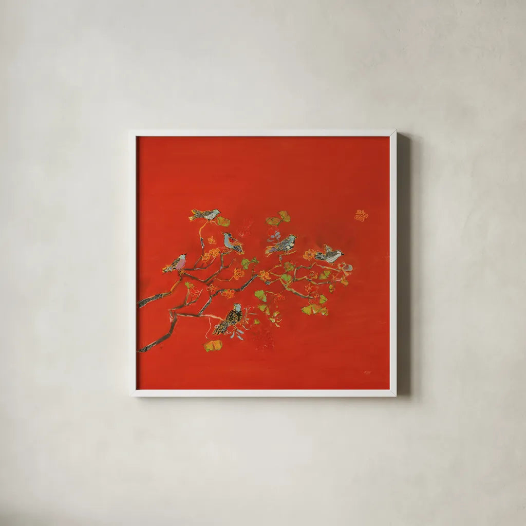 Bird Party by Kellie Day. Shown in a crisp white glass frame for a clean and minimalist style. Available as an archival giclee rolled canvas, fine art paper, or poster print. SKU 56322a.