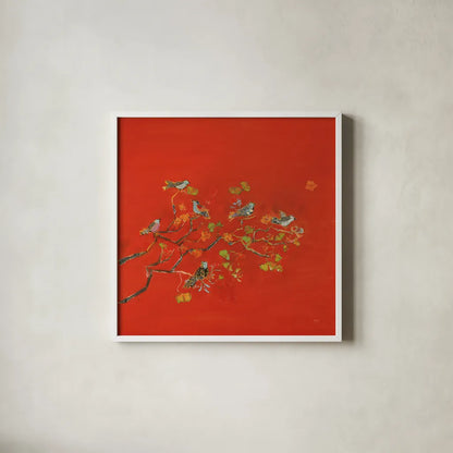 Bird Party by Kellie Day. Shown in a crisp white glass frame for a clean and minimalist style. Available as an archival giclee rolled canvas, fine art paper, or poster print. SKU 56322a.