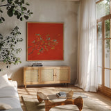 Bird Party by Kellie Day. Shown in a natural wood frame in a cozy modern living room. Available as an archival giclee rolled canvas, fine art paper, or poster print. SKU 56322a.