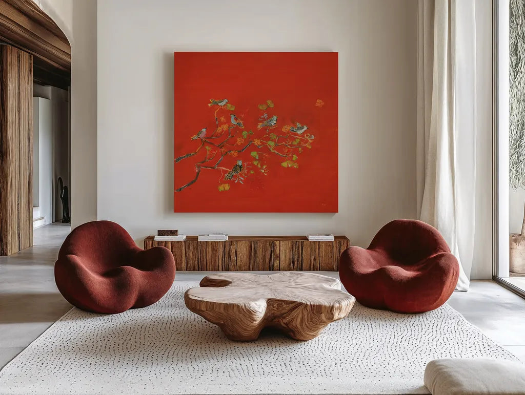 Bird Party by Kellie Day. Shown as extra-large giant wall art in a modern living room. Available as an archival giclee rolled canvas, fine art paper, or poster print. SKU 56322a.