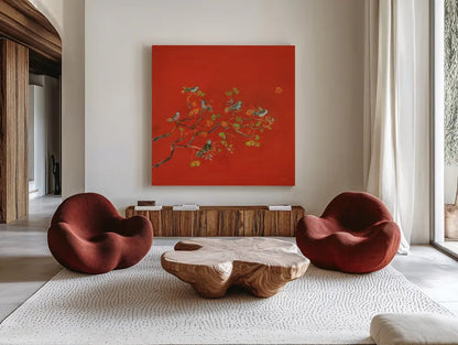 Bird Party by Kellie Day. Shown as extra-large giant wall art in a modern living room. Available as an archival giclee rolled canvas, fine art paper, or poster print. SKU 56322a.