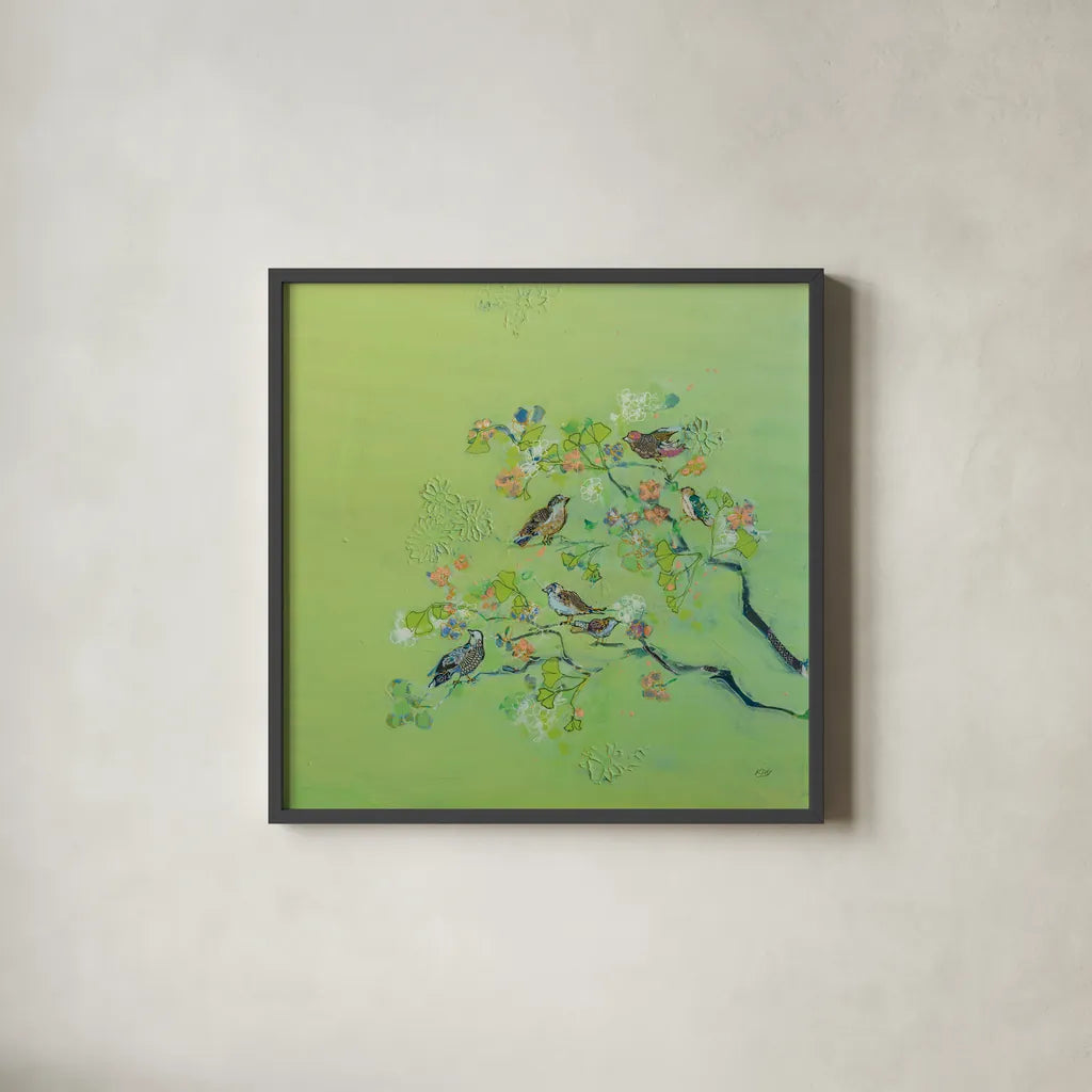 Bird Song by Kellie Day. Shown in a sleek black glass frame for a contemporary gallery look. Available as an archival giclee rolled canvas, fine art paper, or poster print. SKU 56321a.