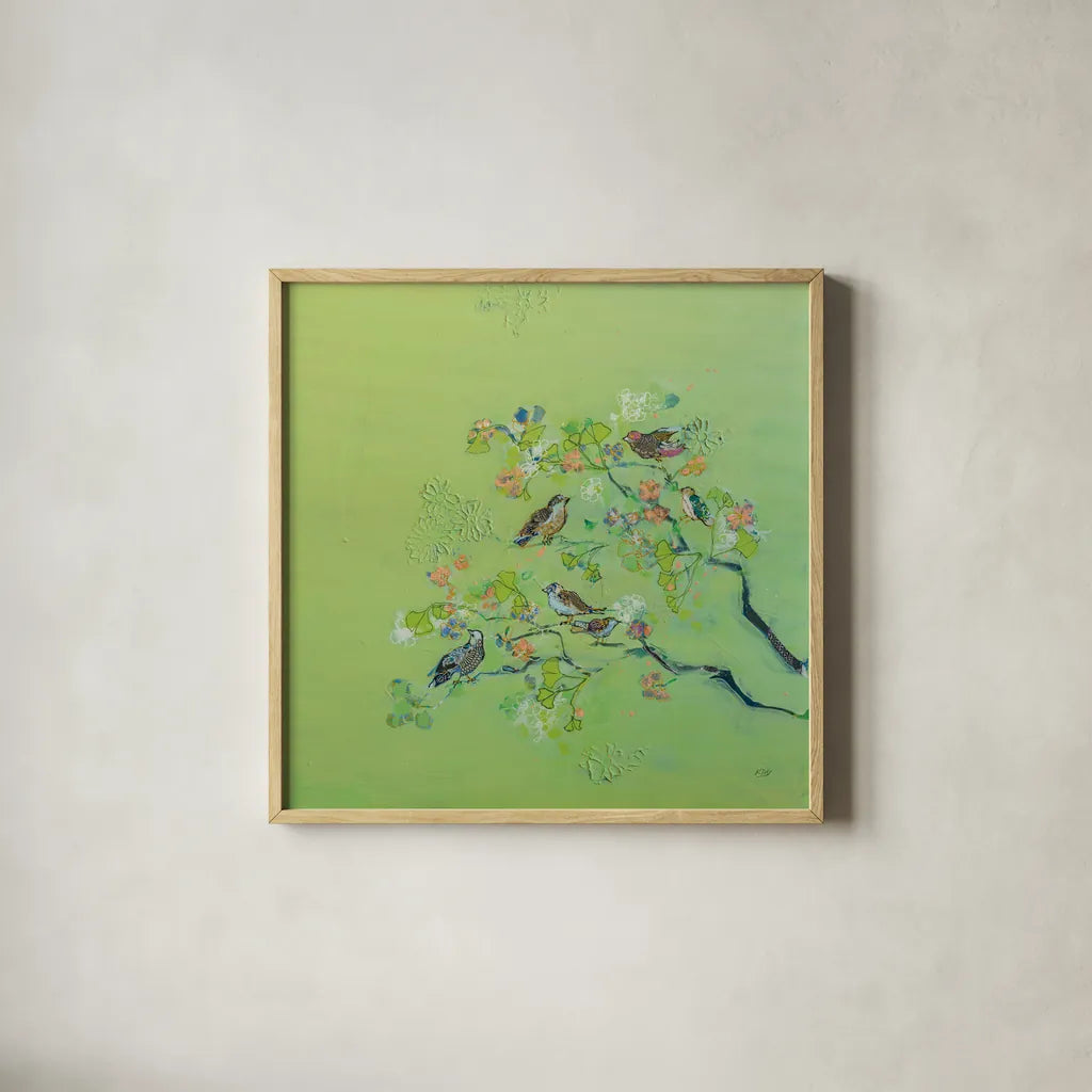 Bird Song by Kellie Day. Shown in a natural wood glass frame for a timeless modern aesthetic. Available as an archival giclee rolled canvas, fine art paper, or poster print. SKU 56321a.