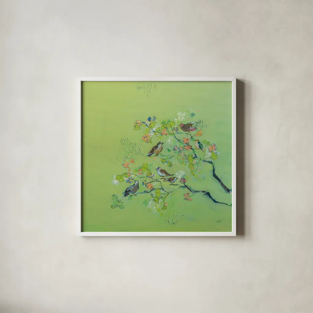 Bird Song by Kellie Day. Shown in a crisp white glass frame for a clean and minimalist style. Available as an archival giclee rolled canvas, fine art paper, or poster print. SKU 56321a.