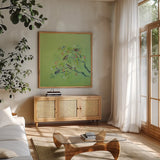 Bird Song by Kellie Day. Shown in a natural wood frame in a cozy modern living room. Available as an archival giclee rolled canvas, fine art paper, or poster print. SKU 56321a.