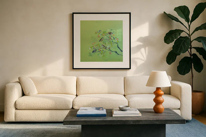 Bird Song by Kellie Day. Displayed in a glass frame with matte in a clean modern living room. Available as an archival giclee rolled canvas, fine art paper, or poster print. SKU 56321a.