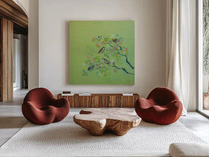 Bird Song by Kellie Day. Shown as extra-large giant wall art in a modern living room. Available as an archival giclee rolled canvas, fine art paper, or poster print. SKU 56321a.