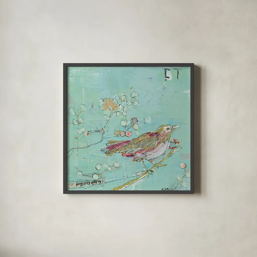 Birds of a Feather by Kellie Day. Shown in a sleek black glass frame for a contemporary gallery look. Available as an archival giclee rolled canvas, fine art paper, or poster print. SKU 28384a.