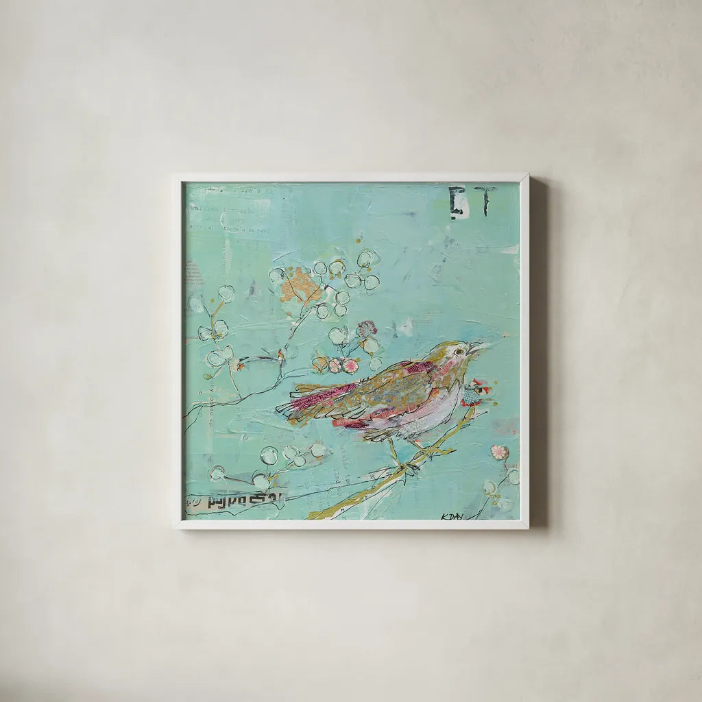 Birds of a Feather by Kellie Day. Shown in a crisp white glass frame for a clean and minimalist style. Available as an archival giclee rolled canvas, fine art paper, or poster print. SKU 28384a.