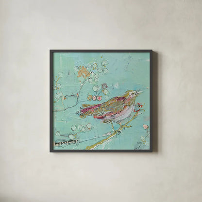 Birds of a Feather v2 by Kellie Day. Shown in a sleek black glass frame for a contemporary gallery look. Available as an archival giclee rolled canvas, fine art paper, or poster print. SKU 28721a.