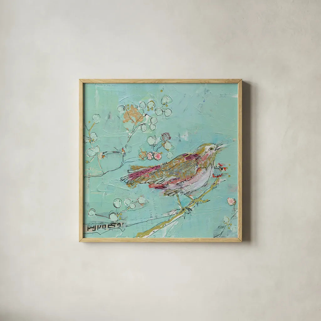 Birds of a Feather v2 by Kellie Day. Shown in a natural wood glass frame for a timeless modern aesthetic. Available as an archival giclee rolled canvas, fine art paper, or poster print. SKU 28721a.