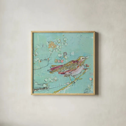 Birds of a Feather v2 by Kellie Day. Shown in a natural wood glass frame for a timeless modern aesthetic. Available as an archival giclee rolled canvas, fine art paper, or poster print. SKU 28721a.