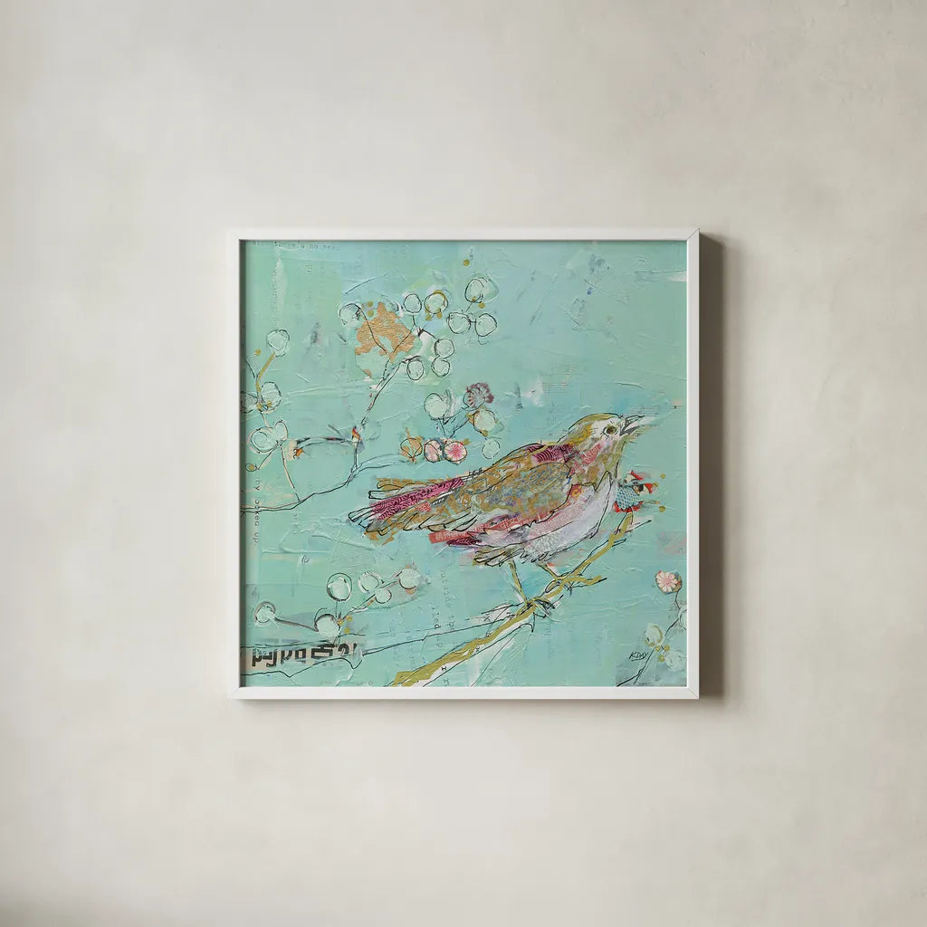 Birds of a Feather v2 by Kellie Day. Shown in a crisp white glass frame for a clean and minimalist style. Available as an archival giclee rolled canvas, fine art paper, or poster print. SKU 28721a.