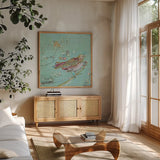 Birds of a Feather v2 by Kellie Day. Shown in a natural wood frame in a cozy modern living room. Available as an archival giclee rolled canvas, fine art paper, or poster print. SKU 28721a.