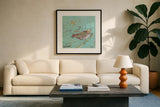 Birds of a Feather v2 by Kellie Day. Displayed in a glass frame with matte in a clean modern living room. Available as an archival giclee rolled canvas, fine art paper, or poster print. SKU 28721a.