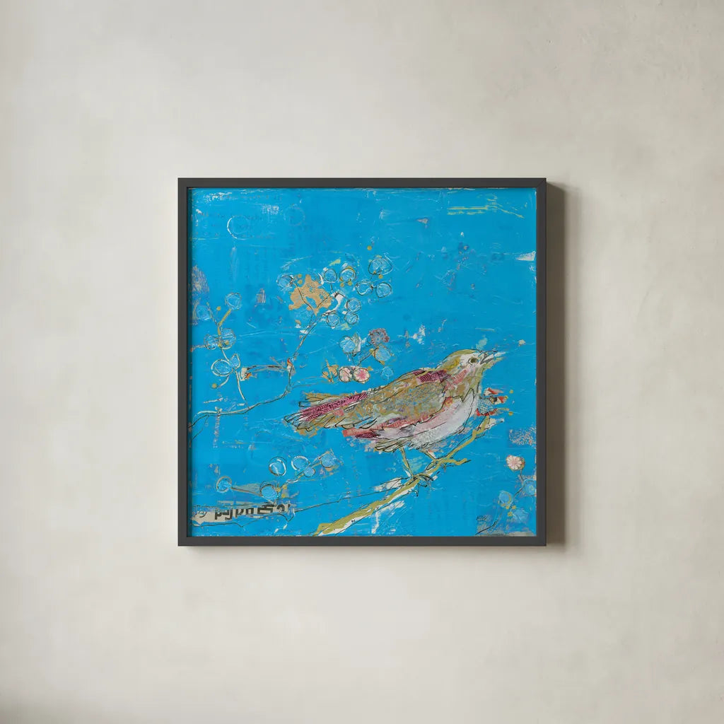 Birds of a Feather v2 Blue by Kellie Day. Shown in a sleek black glass frame for a contemporary gallery look. Available as an archival giclee rolled canvas, fine art paper, or poster print. SKU 36083a.