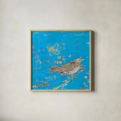 Birds of a Feather v2 Blue by Kellie Day. Shown in a natural wood glass frame for a timeless modern aesthetic. Available as an archival giclee rolled canvas, fine art paper, or poster print. SKU 36083a.