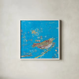 Birds of a Feather v2 Blue by Kellie Day. Shown in a crisp white glass frame for a clean and minimalist style. Available as an archival giclee rolled canvas, fine art paper, or poster print. SKU 36083a.
