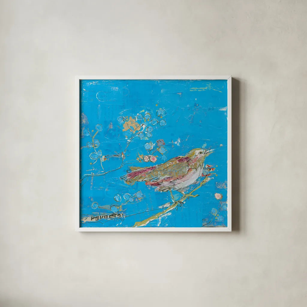 Birds of a Feather v2 Blue by Kellie Day. Shown in a crisp white glass frame for a clean and minimalist style. Available as an archival giclee rolled canvas, fine art paper, or poster print. SKU 36083a.