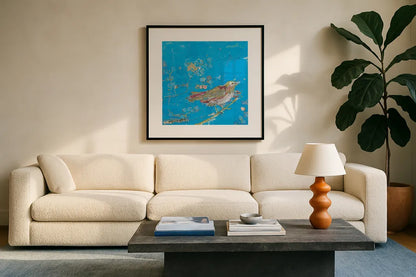 Birds of a Feather v2 Blue by Kellie Day. Displayed in a glass frame with matte in a clean modern living room. Available as an archival giclee rolled canvas, fine art paper, or poster print. SKU 36083a.