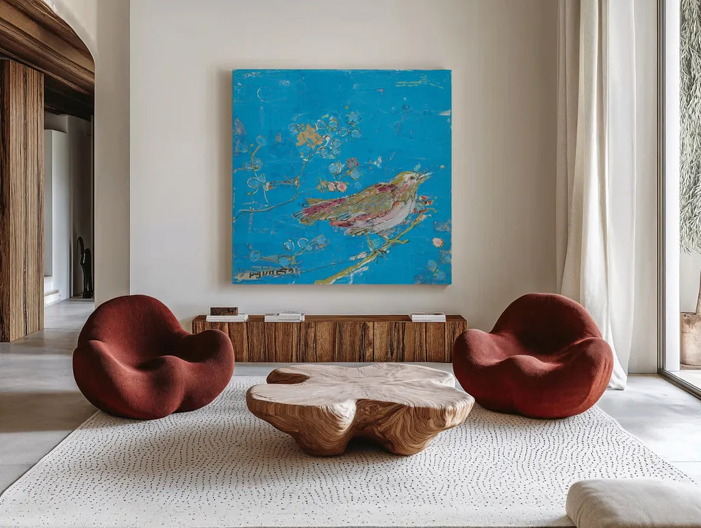 Birds of a Feather v2 Blue by Kellie Day. Shown as extra-large giant wall art in a modern living room. Available as an archival giclee rolled canvas, fine art paper, or poster print. SKU 36083a.