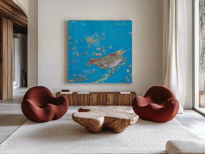 Birds of a Feather v2 Blue by Kellie Day. Shown as extra-large giant wall art in a modern living room. Available as an archival giclee rolled canvas, fine art paper, or poster print. SKU 36083a.