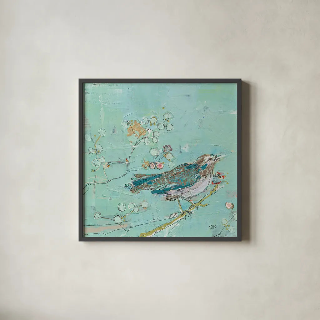 Birds of a Feather v2 with Teal by Kellie Day. Shown in a sleek black glass frame for a contemporary gallery look. Available as an archival giclee rolled canvas, fine art paper, or poster print. SKU 30391a.