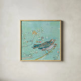 Birds of a Feather v2 with Teal by Kellie Day. Shown in a natural wood glass frame for a timeless modern aesthetic. Available as an archival giclee rolled canvas, fine art paper, or poster print. SKU 30391a.
