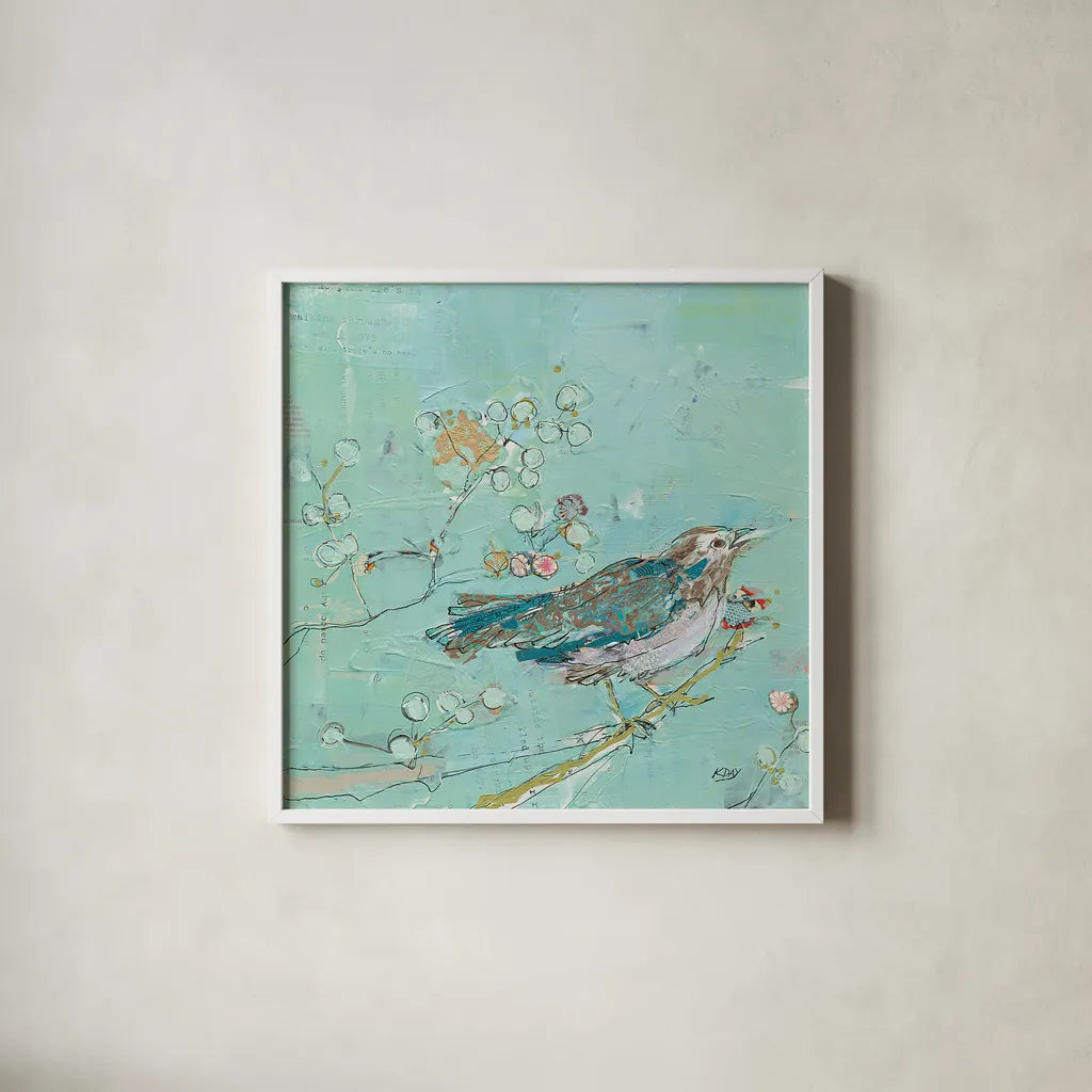 Birds of a Feather v2 with Teal by Kellie Day. Shown in a crisp white glass frame for a clean and minimalist style. Available as an archival giclee rolled canvas, fine art paper, or poster print. SKU 30391a.
