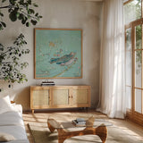 Birds of a Feather v2 with Teal by Kellie Day. Shown in a natural wood frame in a cozy modern living room. Available as an archival giclee rolled canvas, fine art paper, or poster print. SKU 30391a.