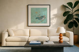 Birds of a Feather v2 with Teal by Kellie Day. Displayed in a glass frame with matte in a clean modern living room. Available as an archival giclee rolled canvas, fine art paper, or poster print. SKU 30391a.