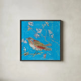 Blue Bird by Kellie Day. Shown in a sleek black glass frame for a contemporary gallery look. Available as an archival giclee rolled canvas, fine art paper, or poster print. SKU 36084a.