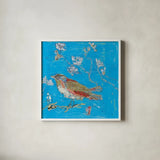 Blue Bird by Kellie Day. Shown in a crisp white glass frame for a clean and minimalist style. Available as an archival giclee rolled canvas, fine art paper, or poster print. SKU 36084a.