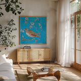 Blue Bird by Kellie Day. Shown in a natural wood frame in a cozy modern living room. Available as an archival giclee rolled canvas, fine art paper, or poster print. SKU 36084a.