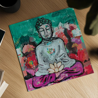 Bold Buddha by Kellie Day. Shown as a detailed flat fine art print, highlighting archival giclee quality. Available as an archival giclee rolled canvas, fine art paper, or poster print. SKU 72827a.