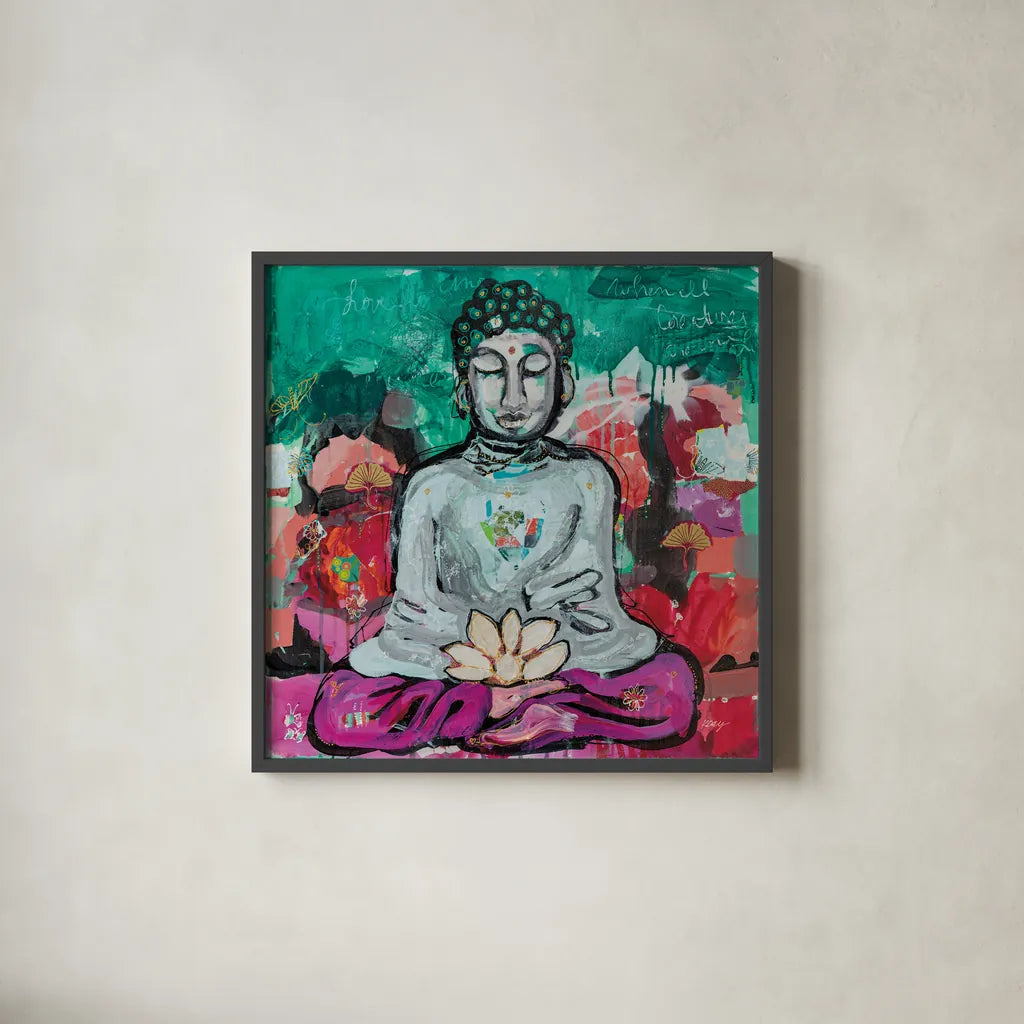 Bold Buddha by Kellie Day. Shown in a sleek black glass frame for a contemporary gallery look. Available as an archival giclee rolled canvas, fine art paper, or poster print. SKU 72827a.