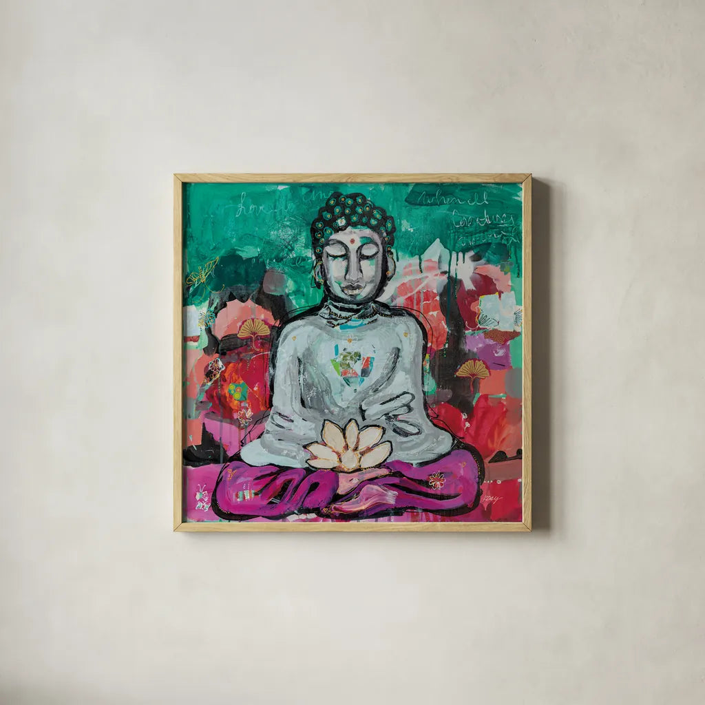 Bold Buddha by Kellie Day. Shown in a natural wood glass frame for a timeless modern aesthetic. Available as an archival giclee rolled canvas, fine art paper, or poster print. SKU 72827a.