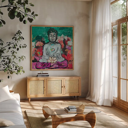 Bold Buddha by Kellie Day. Shown in a natural wood frame in a cozy modern living room. Available as an archival giclee rolled canvas, fine art paper, or poster print. SKU 72827a.