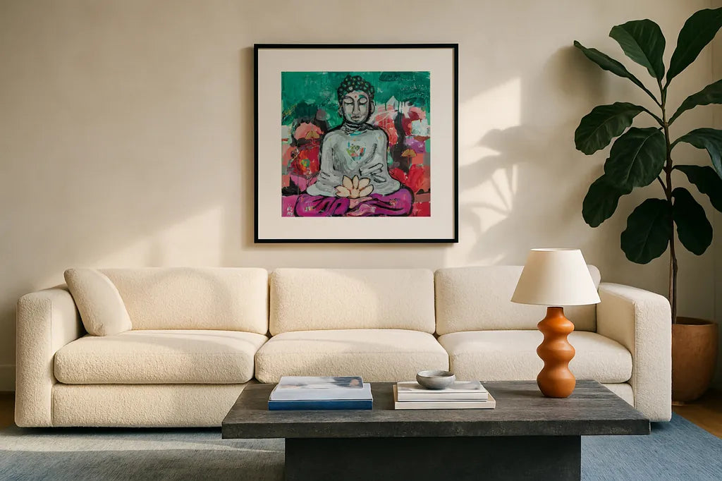 Bold Buddha by Kellie Day. Displayed in a glass frame with matte in a clean modern living room. Available as an archival giclee rolled canvas, fine art paper, or poster print. SKU 72827a.