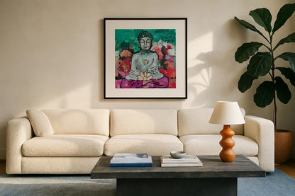 Bold Buddha by Kellie Day. Displayed in a glass frame with matte in a clean modern living room. Available as an archival giclee rolled canvas, fine art paper, or poster print. SKU 72827a.