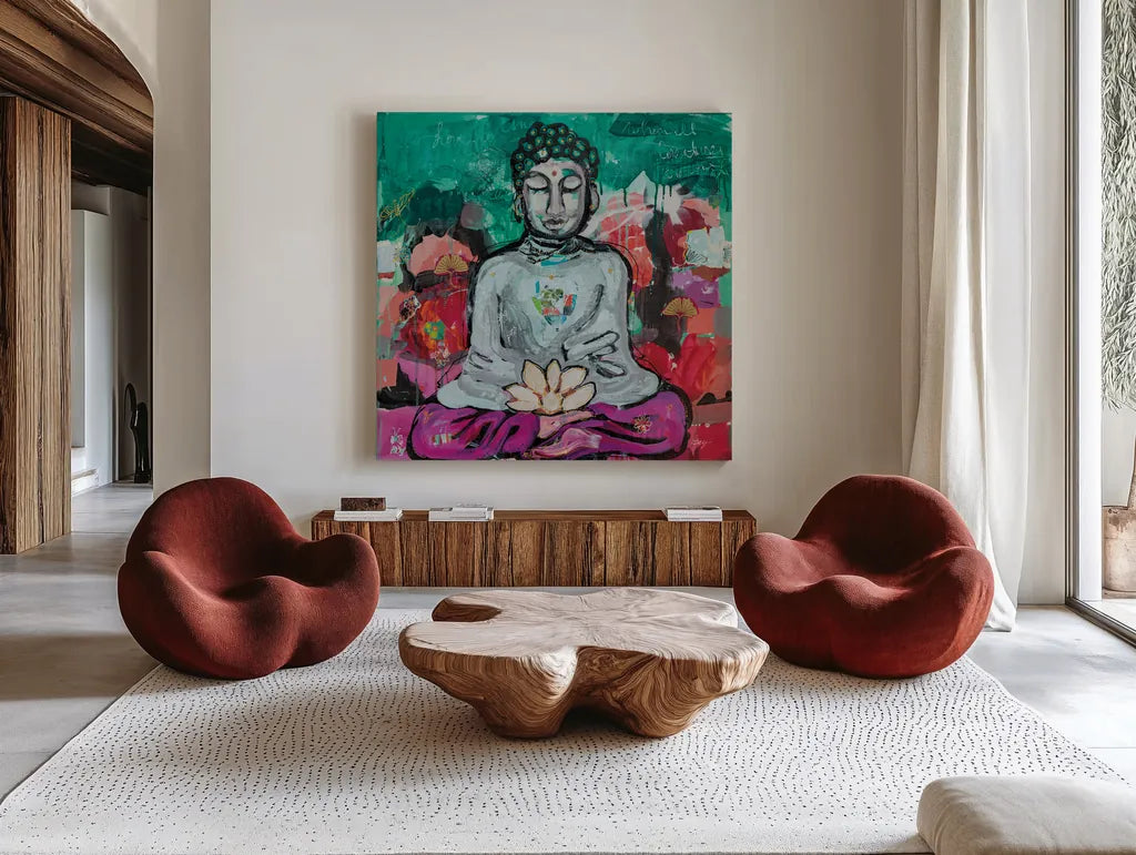 Bold Buddha by Kellie Day. Shown as extra-large giant wall art in a modern living room. Available as an archival giclee rolled canvas, fine art paper, or poster print. SKU 72827a.