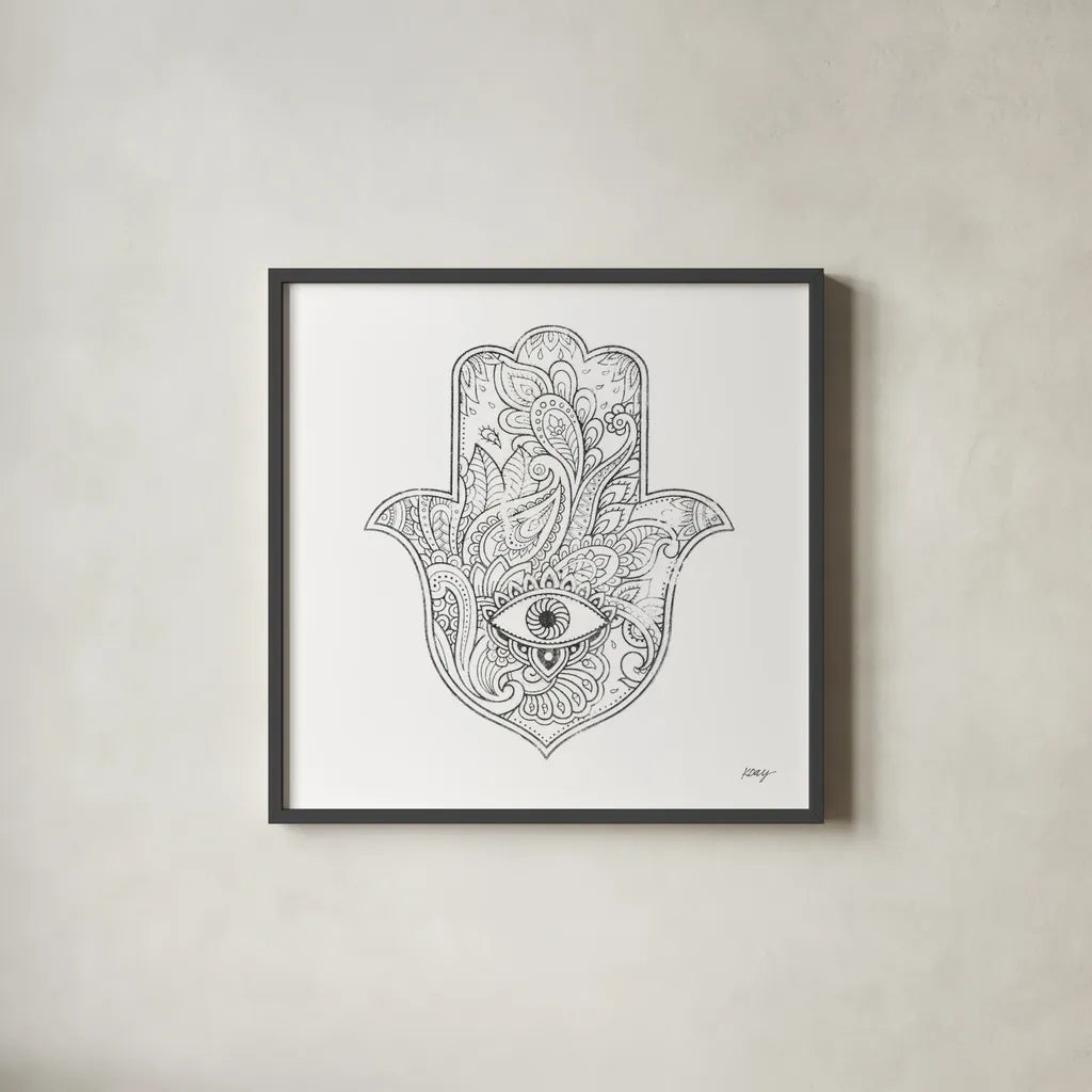Buddha Hamsa Eye by Kellie Day. Shown in a sleek black glass frame for a contemporary gallery look. Available as an archival giclee rolled canvas, fine art paper, or poster print. SKU 72720a.