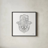 Buddha Hamsa Eye by Kellie Day. Shown in a sleek black glass frame for a contemporary gallery look. Available as an archival giclee rolled canvas, fine art paper, or poster print. SKU 72720a.