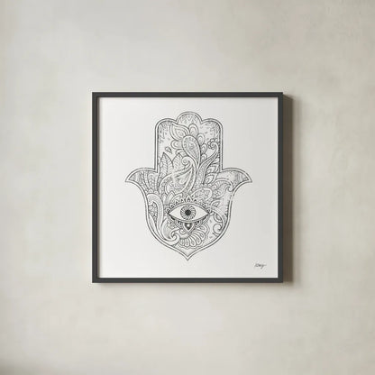 Buddha Hamsa Eye by Kellie Day. Shown in a sleek black glass frame for a contemporary gallery look. Available as an archival giclee rolled canvas, fine art paper, or poster print. SKU 72720a.