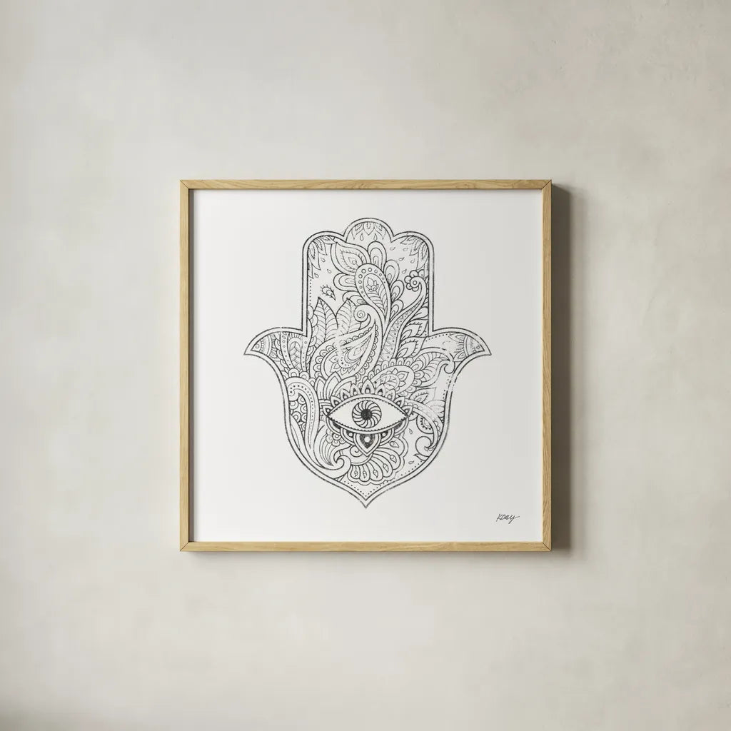 Buddha Hamsa Eye by Kellie Day. Shown in a natural wood glass frame for a timeless modern aesthetic. Available as an archival giclee rolled canvas, fine art paper, or poster print. SKU 72720a.