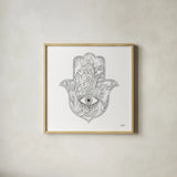 Buddha Hamsa Eye by Kellie Day. Shown in a natural wood glass frame for a timeless modern aesthetic. Available as an archival giclee rolled canvas, fine art paper, or poster print. SKU 72720a.