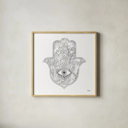 Buddha Hamsa Eye by Kellie Day. Shown in a natural wood glass frame for a timeless modern aesthetic. Available as an archival giclee rolled canvas, fine art paper, or poster print. SKU 72720a.