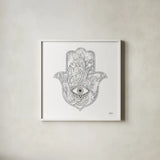 Buddha Hamsa Eye by Kellie Day. Shown in a crisp white glass frame for a clean and minimalist style. Available as an archival giclee rolled canvas, fine art paper, or poster print. SKU 72720a.
